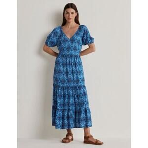 Boden V-neck Midi Dress Mosaic Blue Poppy Bloom Size UK14L US10L